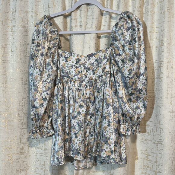 STORIA Floral Puff Sleeve Top Grey White Apricot Flirty Light Cute Women's Small - Picture 2 of 5